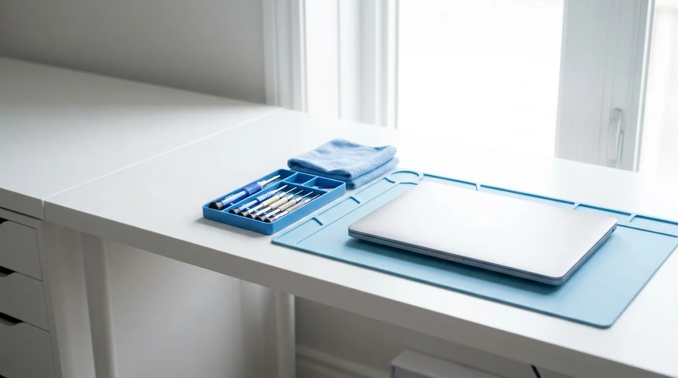A repair bench laid out with precision screwdrivers, a cloth and a laptop waiting.