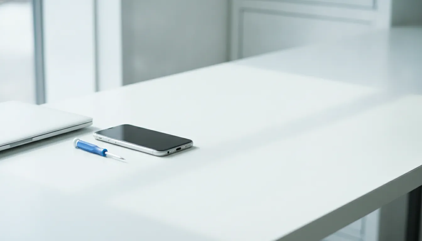 A mobile phone resting on a workbench beside a closed laptop and a screwdriver.