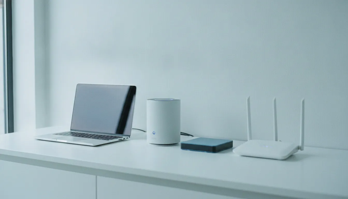 A laptop, a small desktop tower, an external hard drive and a wifi router laid out in a row on a bench.
