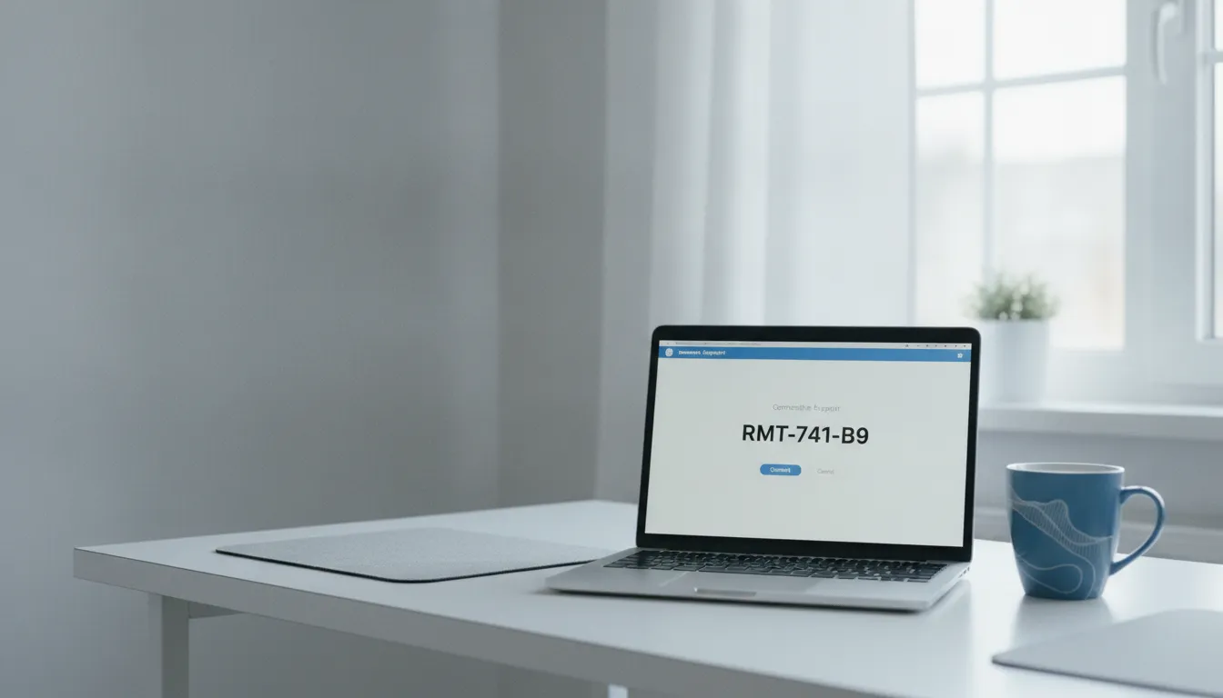 A laptop on a home desk showing a remote support session with a connection code.