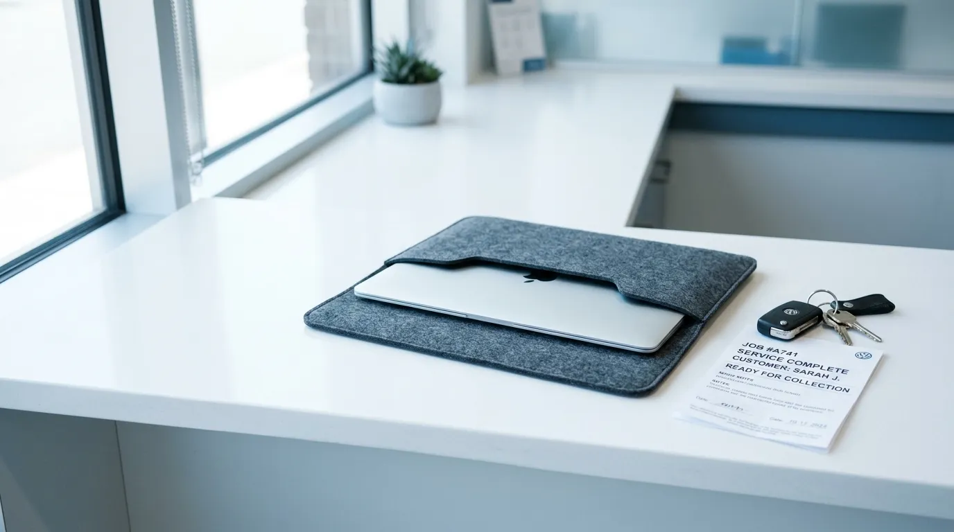 A closed laptop packed into a padded sleeve on a counter, ready to be collected.
