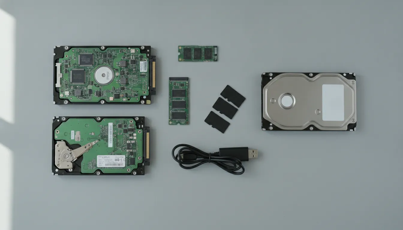 Bare hard drives, a solid state drive and memory cards laid out on an anti-static mat, one drive with a blank label.