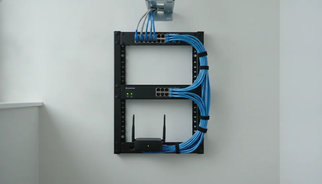 A small wall-mounted network rack with a switch, a router and blue patch cables dressed neatly to one side.
