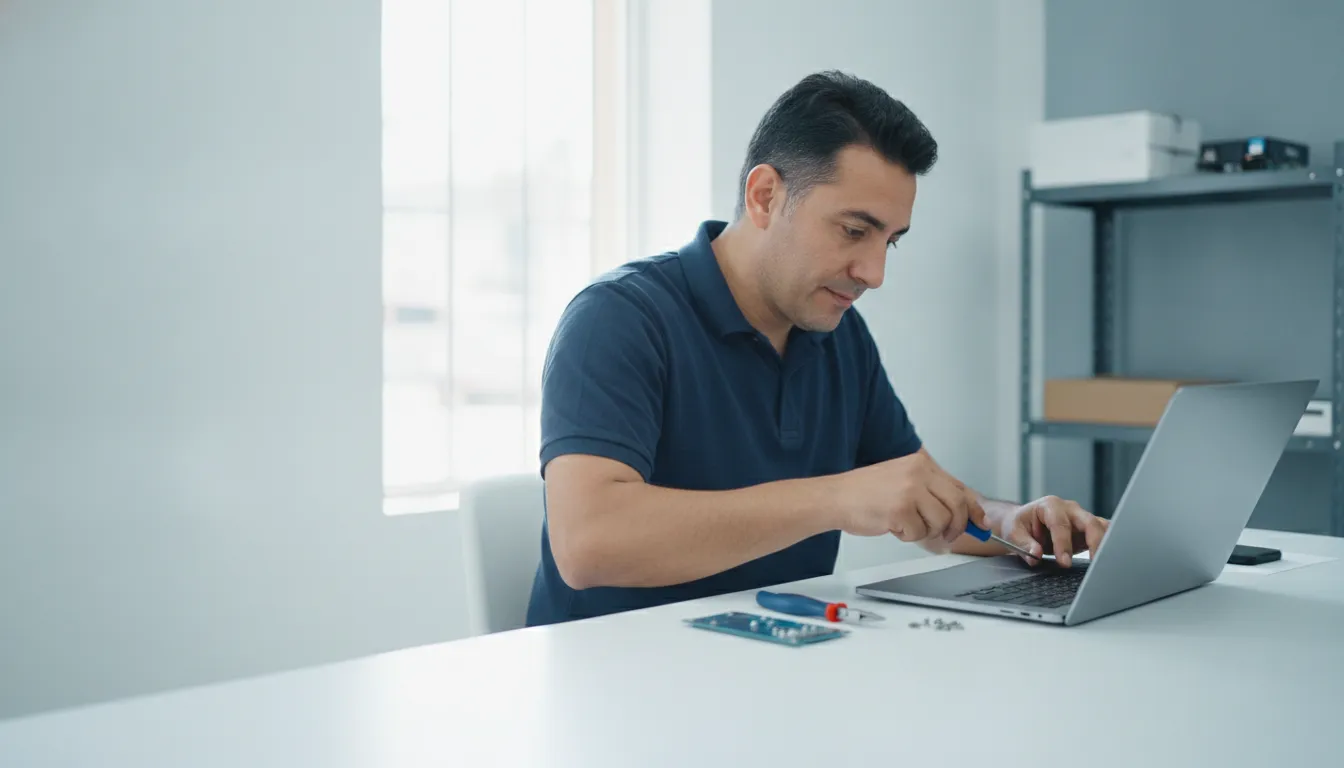 A technician at a bright workbench repairing an opened laptop.