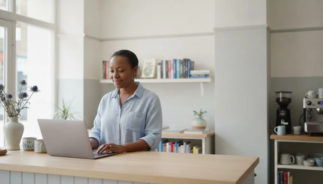 A small-business owner working at a laptop on the counter of her own shop.