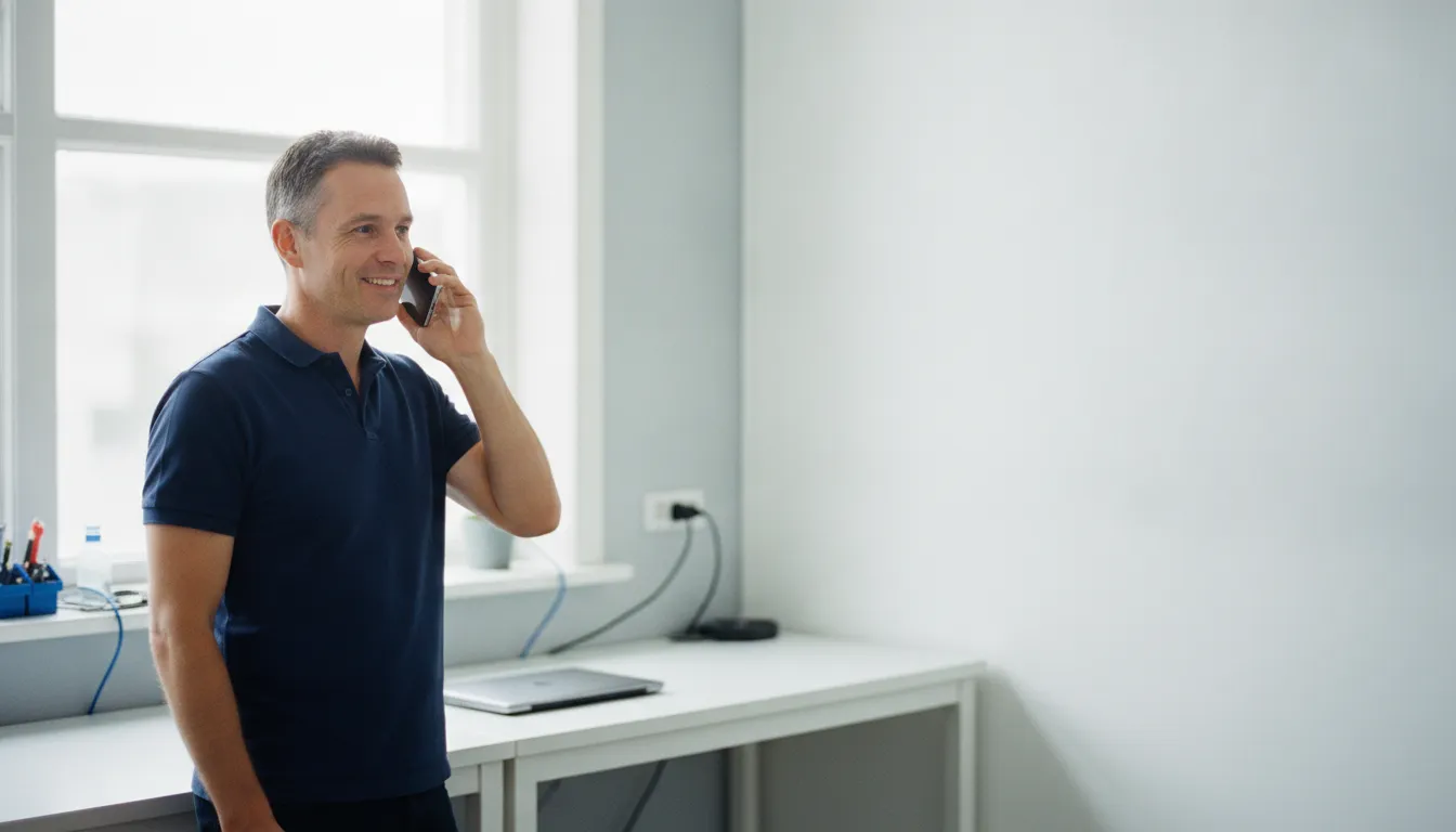 A technician in a workshop taking a call on a mobile phone.