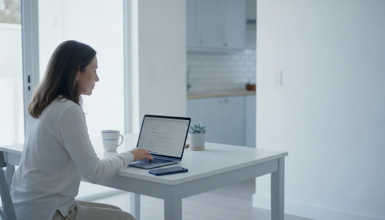 A woman at her kitchen table following a remote support session on her laptop.