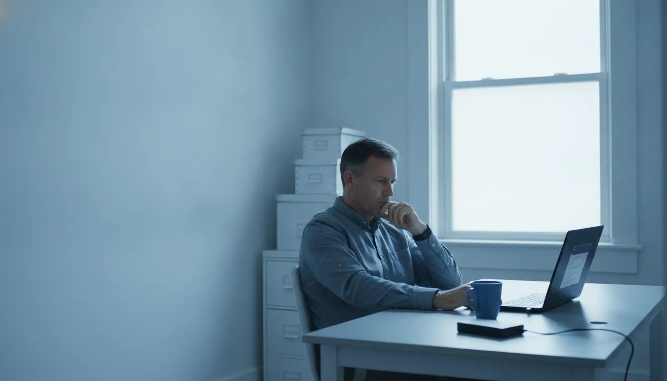 A man at a desk in a small office looking at a laptop, an external hard drive beside it.