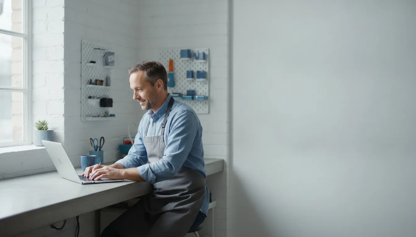 A small-business owner working at a laptop behind the counter of his own workshop.