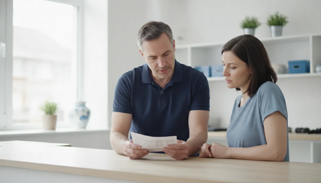 A technician and a customer at a counter looking together at a printed page.