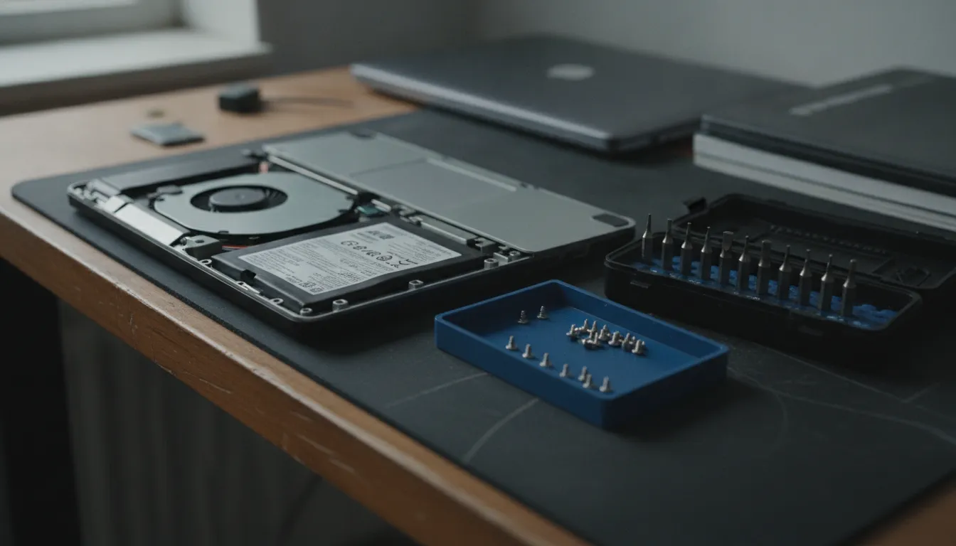 A laptop opened face down on a repair bench with its base panel removed, screws lined up on a magnetic tray beside an open screwdriver kit.
