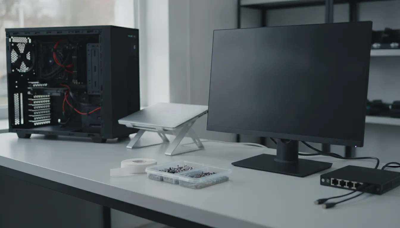 A workbench with a desktop tower opened to show its internal cabling, a closed laptop, a powered-off monitor and a small network switch.